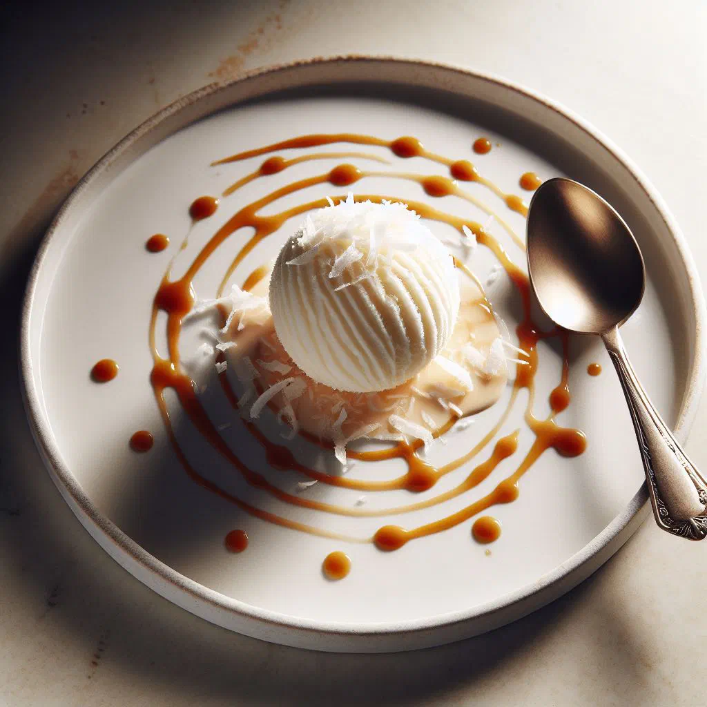Scoops of creamy coconut sorbet served in a bowl with toasted coconut flakes