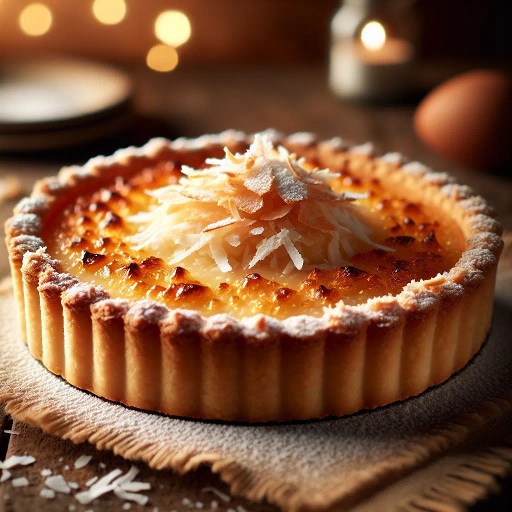 Golden coconut tart with a crisp pastry base and toasted coconut filling