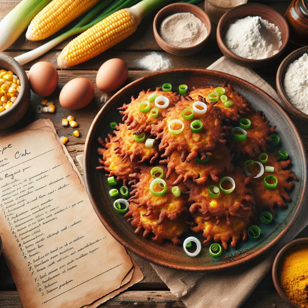 Golden corn fritters piled on a plate with a fresh herb garnish
