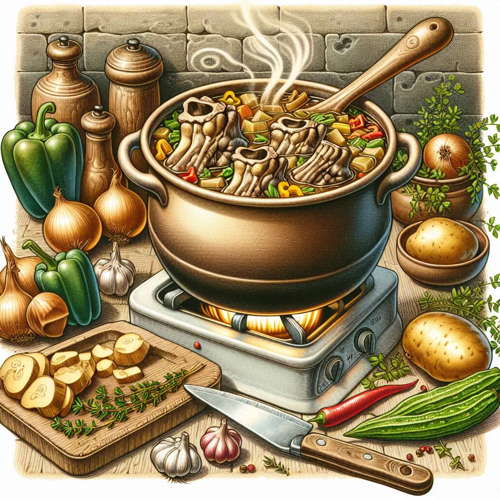 Bowl of Antiguan cow heel soup with vegetables and fresh parsley