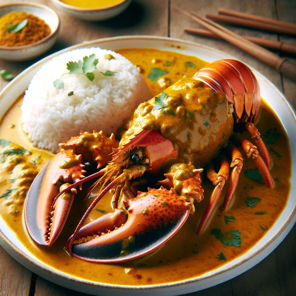 Curry lobster in a golden coconut sauce garnished with fresh coriander