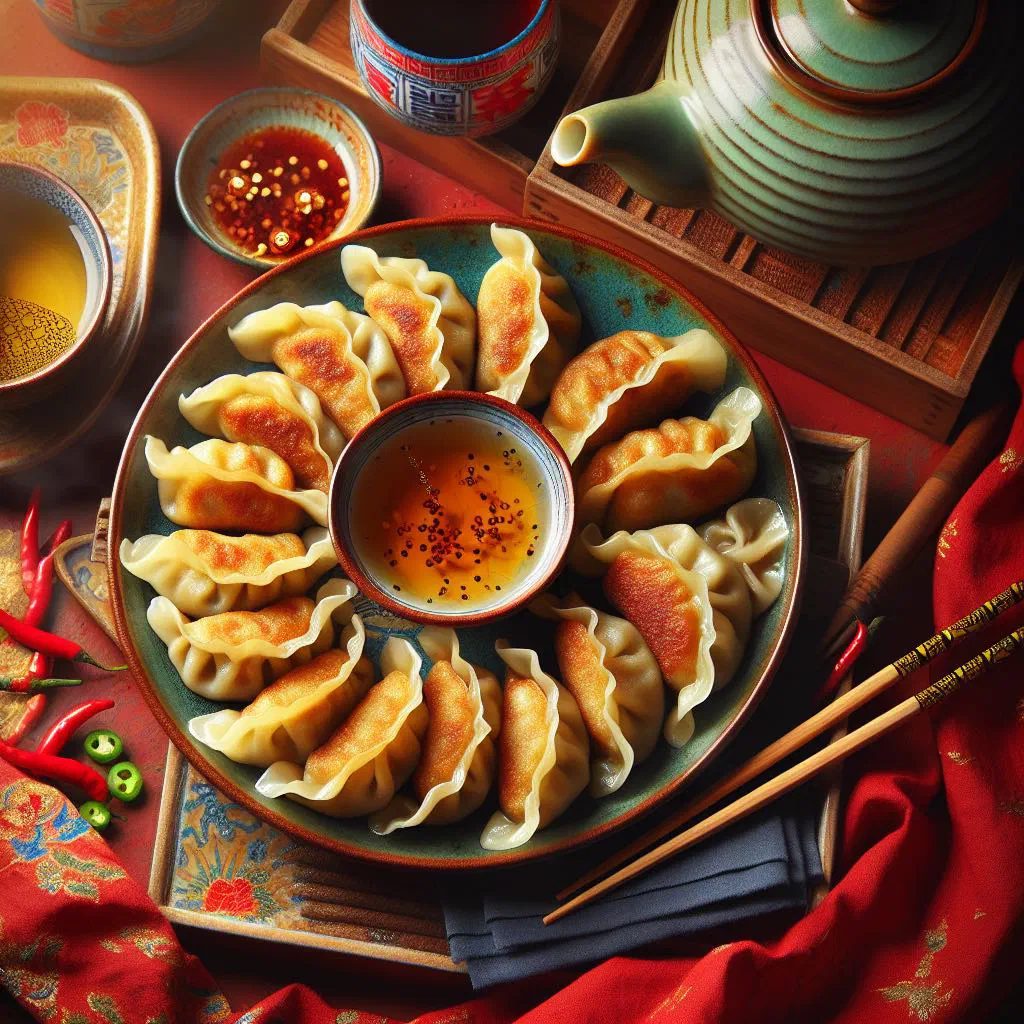 Golden fried dumplings piled on a plate with a dipping sauce