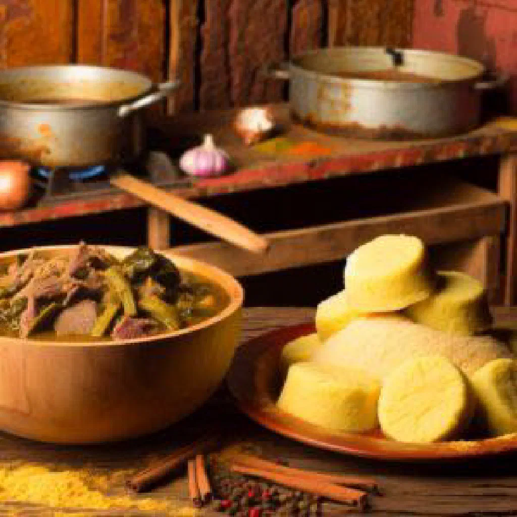 Cornmeal fungee dumplings served with a rich Antiguan pepperpot stew