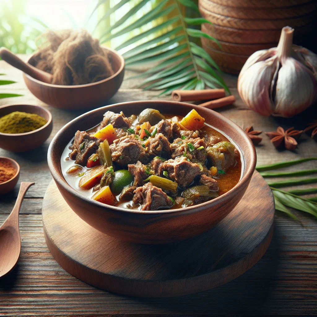 Bowl of Caribbean goat water stew with tender goat meat and vegetables, garnished with fresh herbs