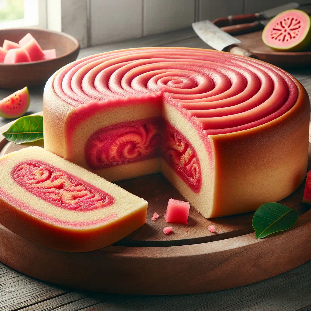 Slices of steamed guava duff served warm with vanilla sauce