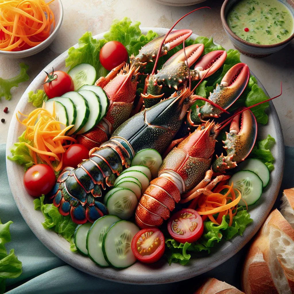 Caribbean lobster salad with peppers, cucumber and cherry tomatoes