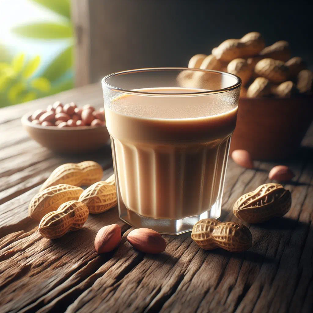 Creamy peanut punch in a tall glass dusted with grated nutmeg