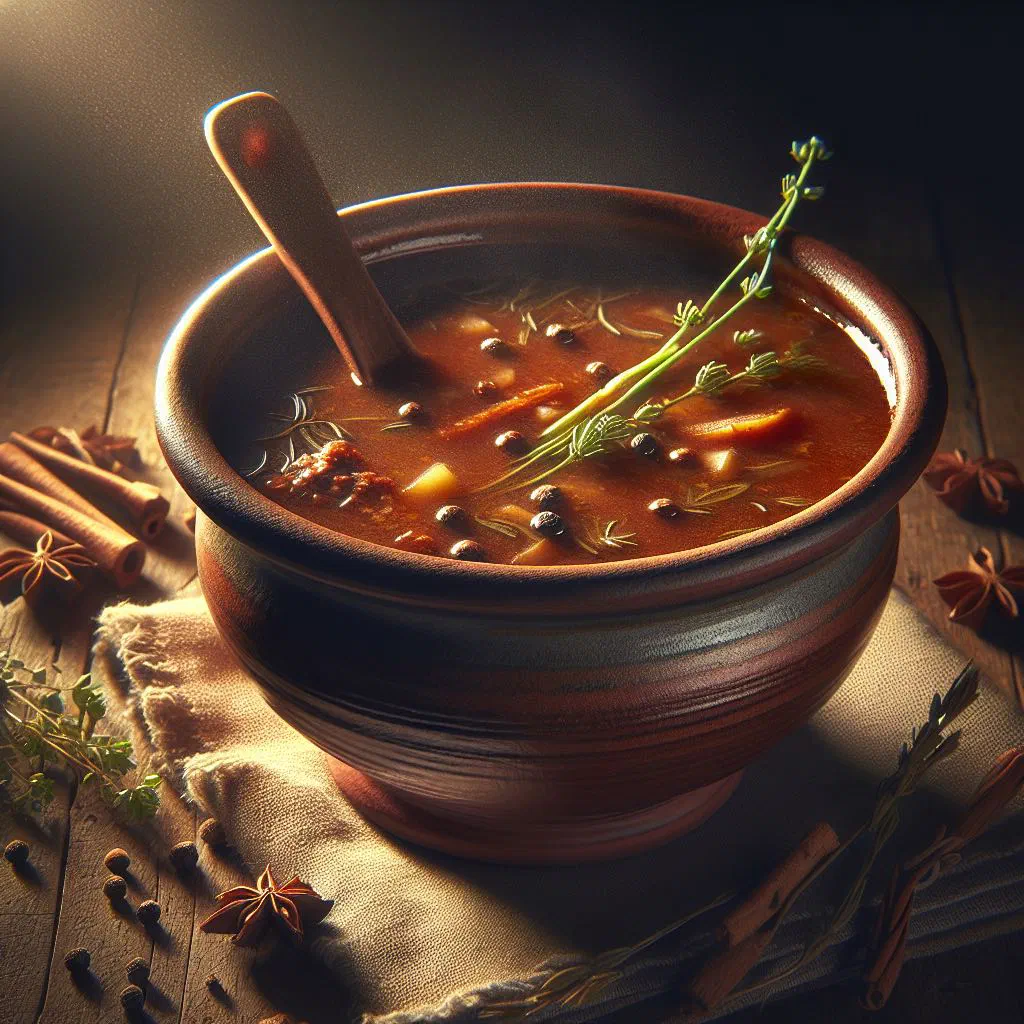 Bowl of Antiguan pepperpot soup with beef, vegetables and fresh parsley