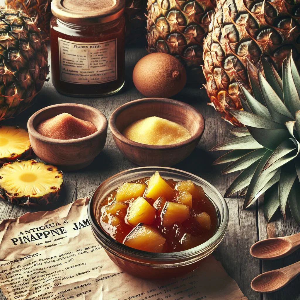 Golden pineapple jam in a glass jar with fresh pineapple slices