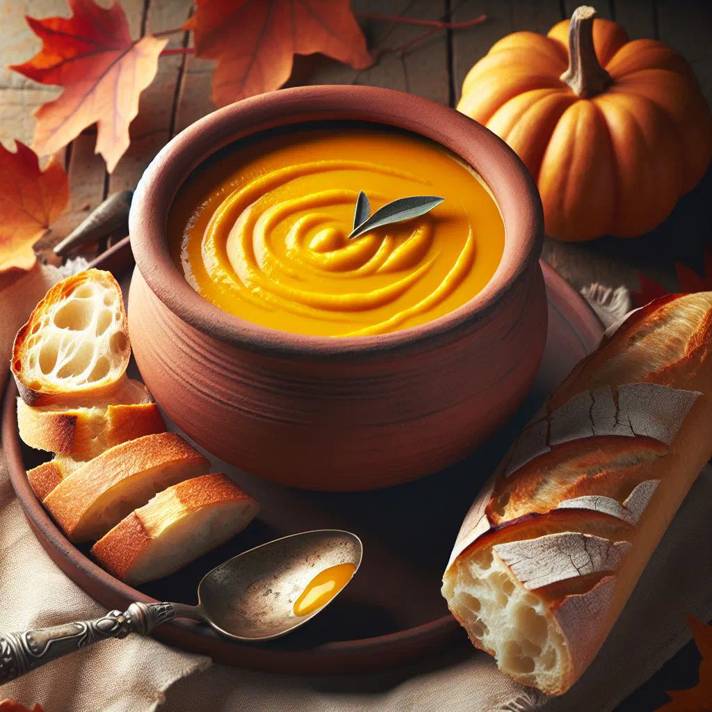 Creamy Caribbean pumpkin soup in a deep bowl with fresh herbs