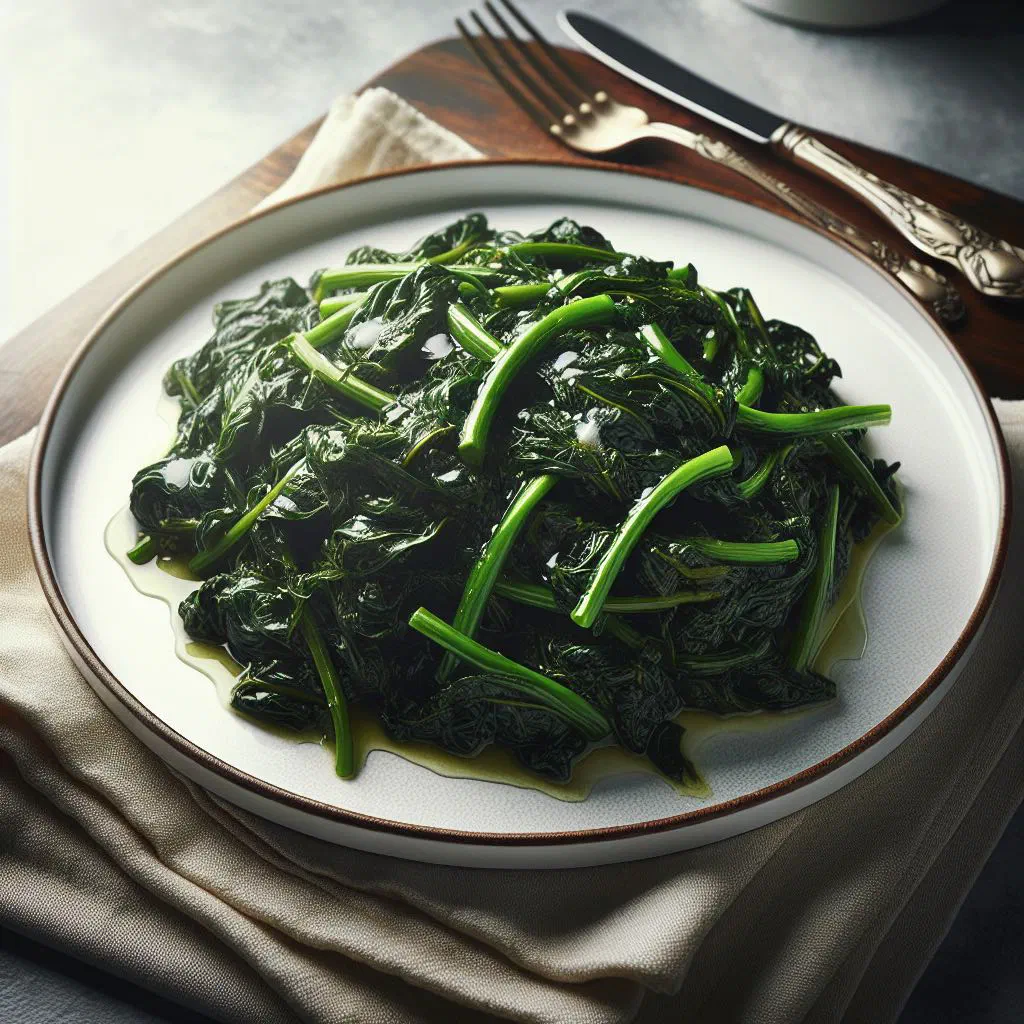 Sautéed callaloo leaves with onion and garlic served in a bowl