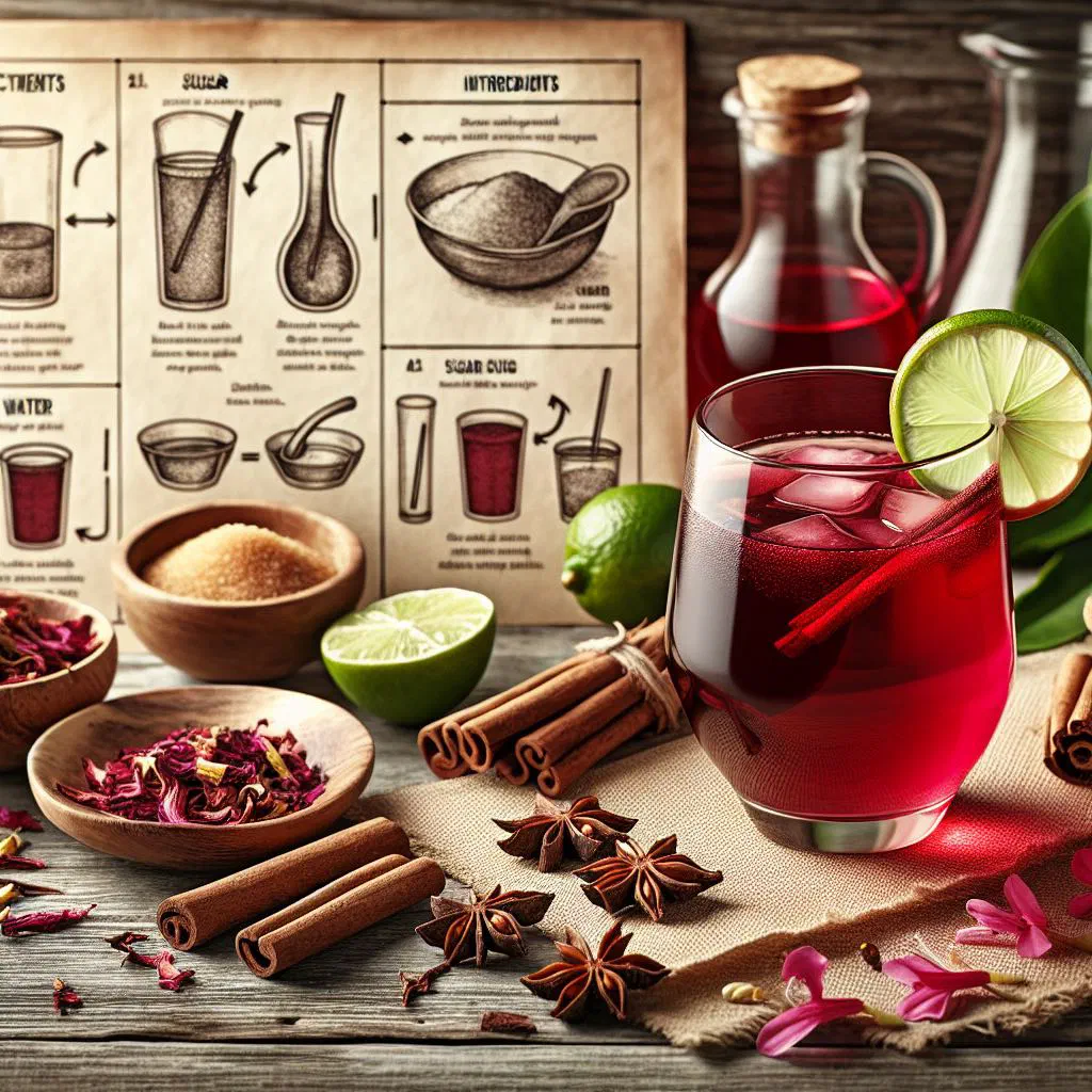 Deep red sorrel drink served over ice with a cinnamon stick