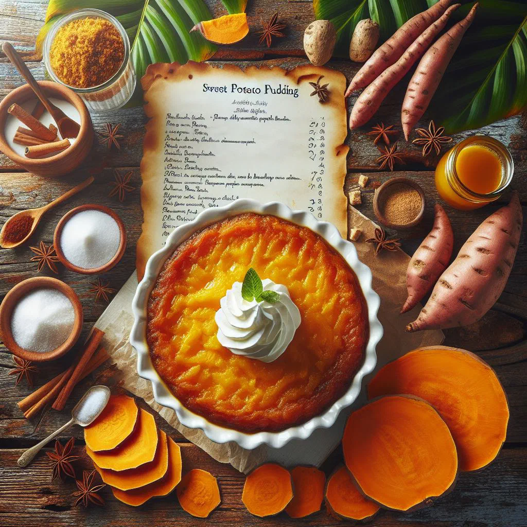 Baked sweet potato pudding with a golden top, dusted with cinnamon