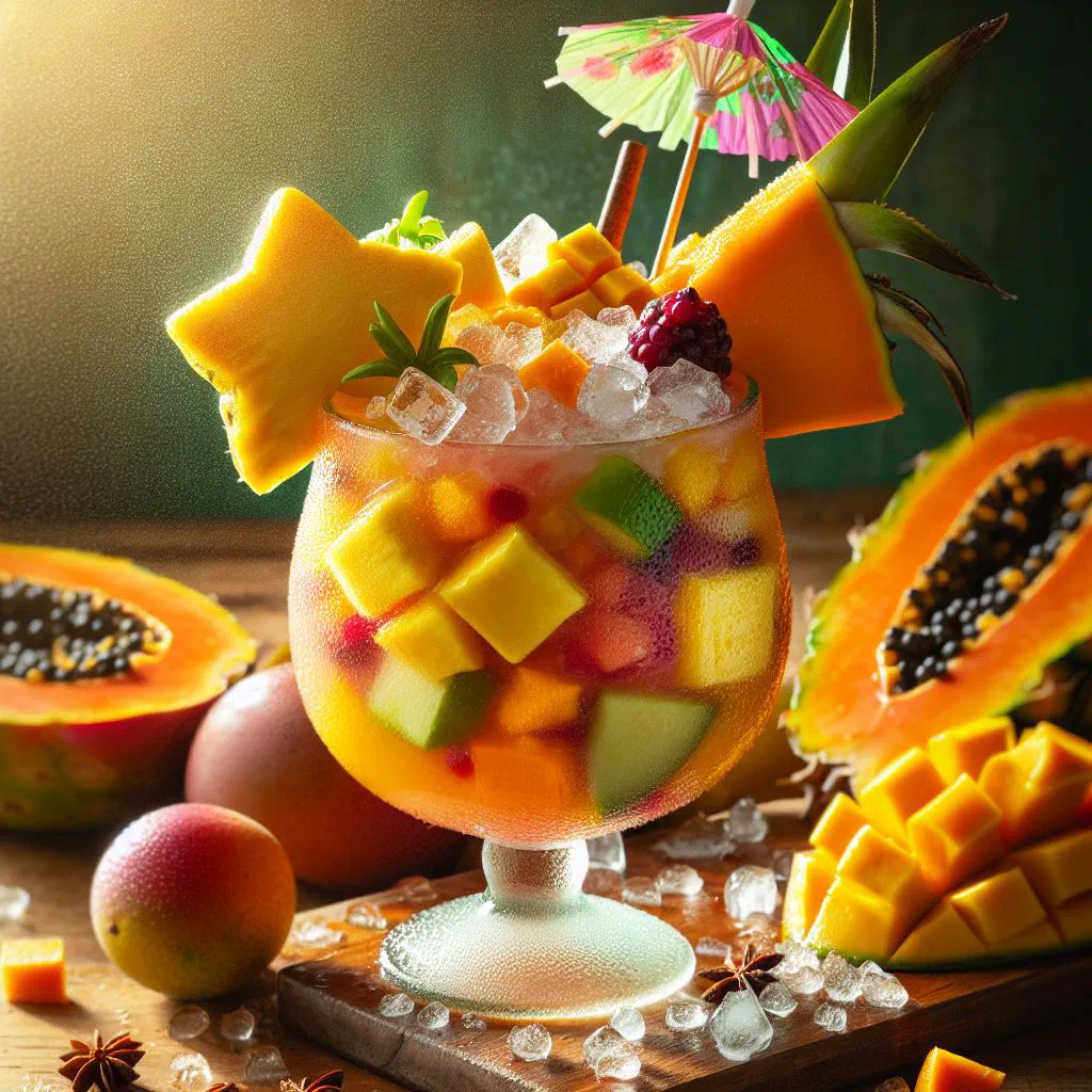 Glasses of tropical fruit punch garnished with fresh mint and fruit