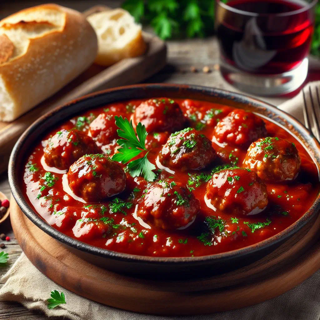 Argentine meatballs simmering in a rich tomato sauce, garnished with parsley
