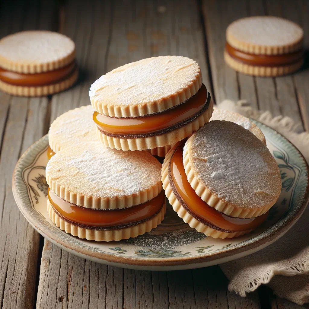 Alfajores filled with dulce de leche and dusted with icing sugar