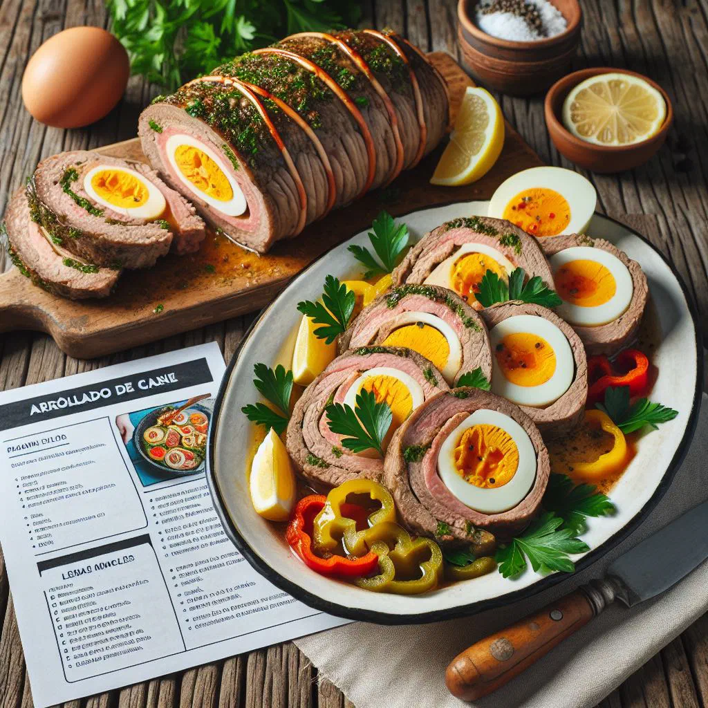 Sliced Argentine beef roll filled with peppers and carrots on a platter