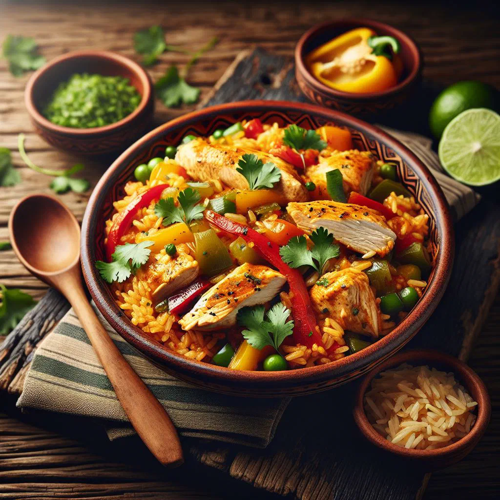 Arroz con pollo with golden chicken pieces, rice, peppers and peas