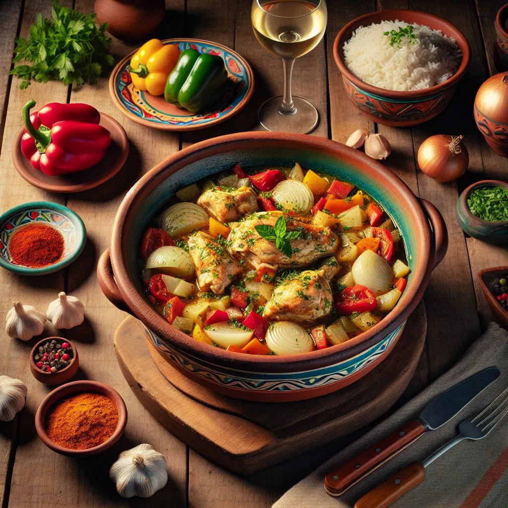 Argentinian cazuela de pollo with chicken, potatoes and carrots in a rustic pot