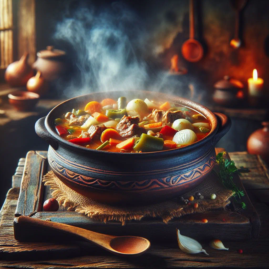 Argentinian cazuela beef and vegetable stew served in a rustic bowl