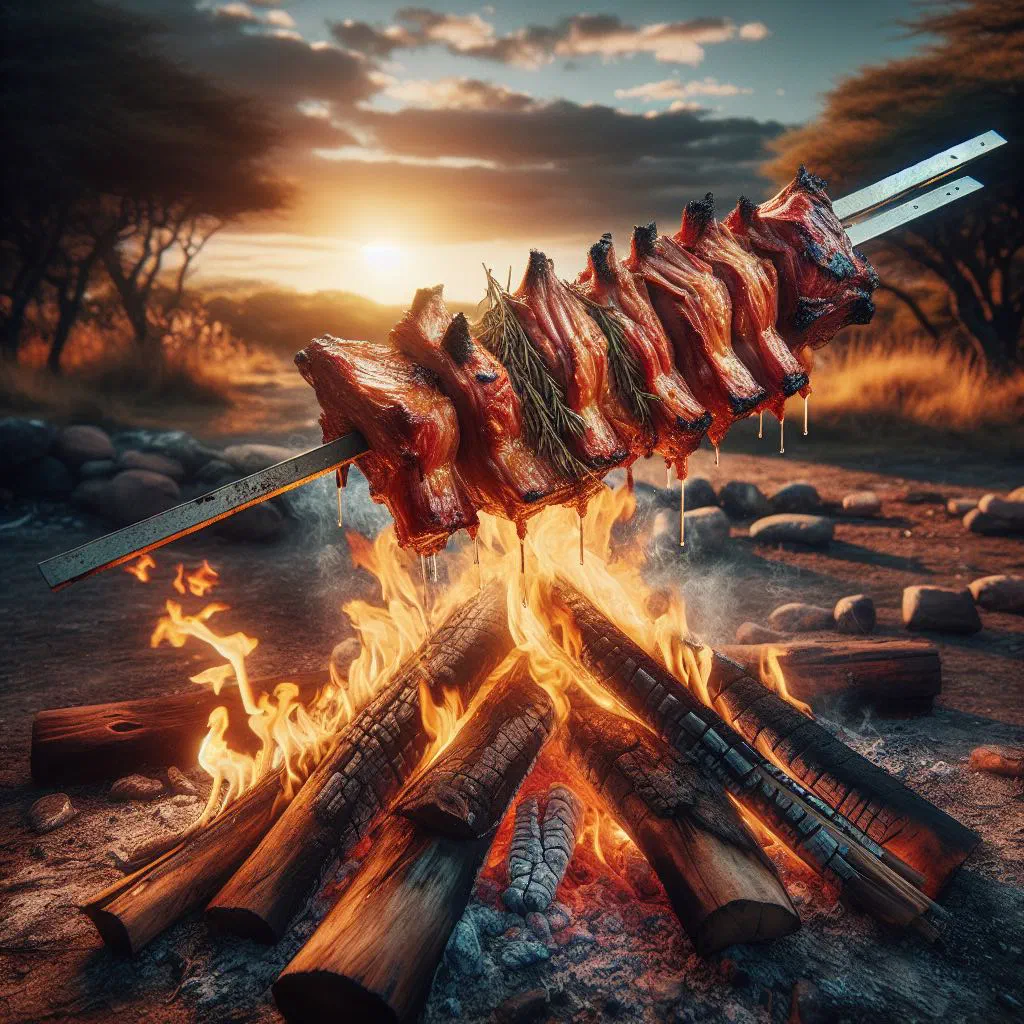 Beef ribs staked beside an open fire, roasted golden and crisp