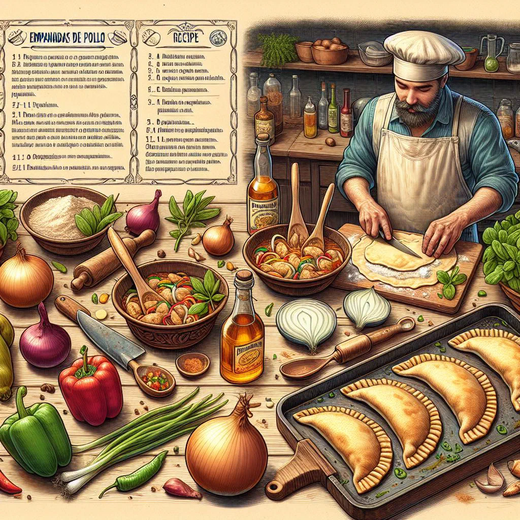 Golden baked chicken empanadas on a wooden board