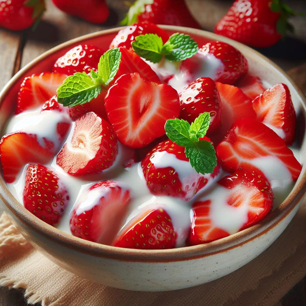 Strawberry salad with apple, banana and fresh mint leaves