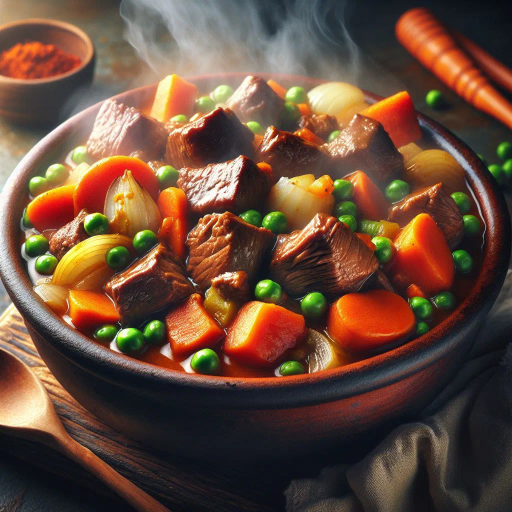 Argentinian beef stew with carrots and peppers in a rustic bowl