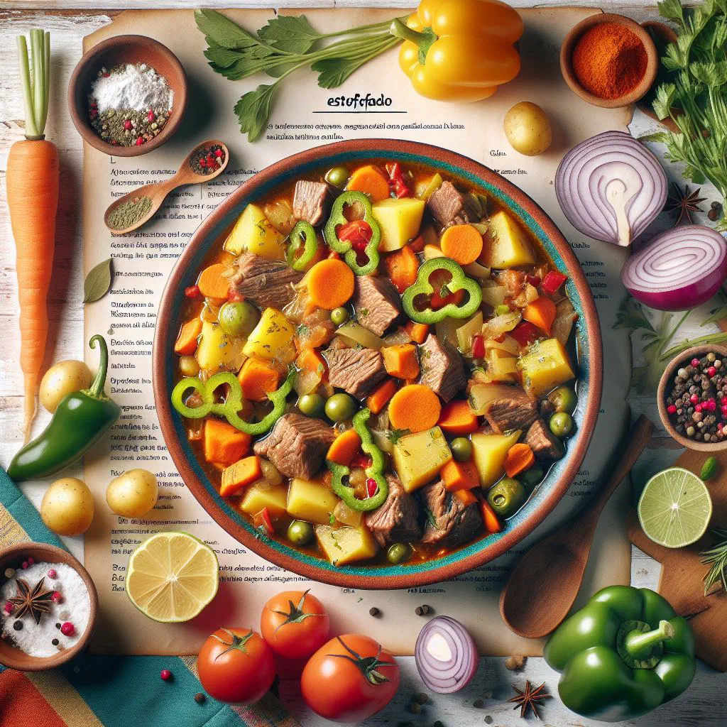 Argentinian estofado beef stew with carrots and potatoes in a rustic pot