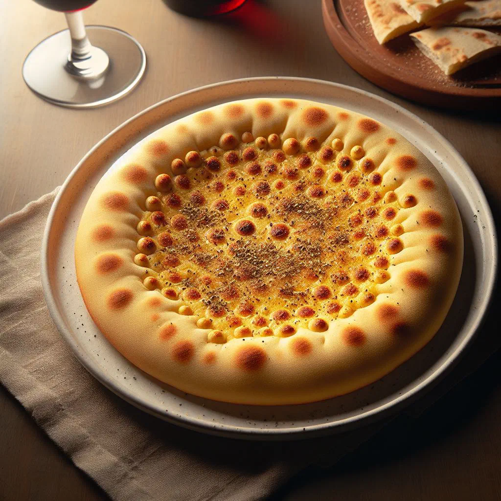 Golden baked fainá chickpea flatbread cut into wedges
