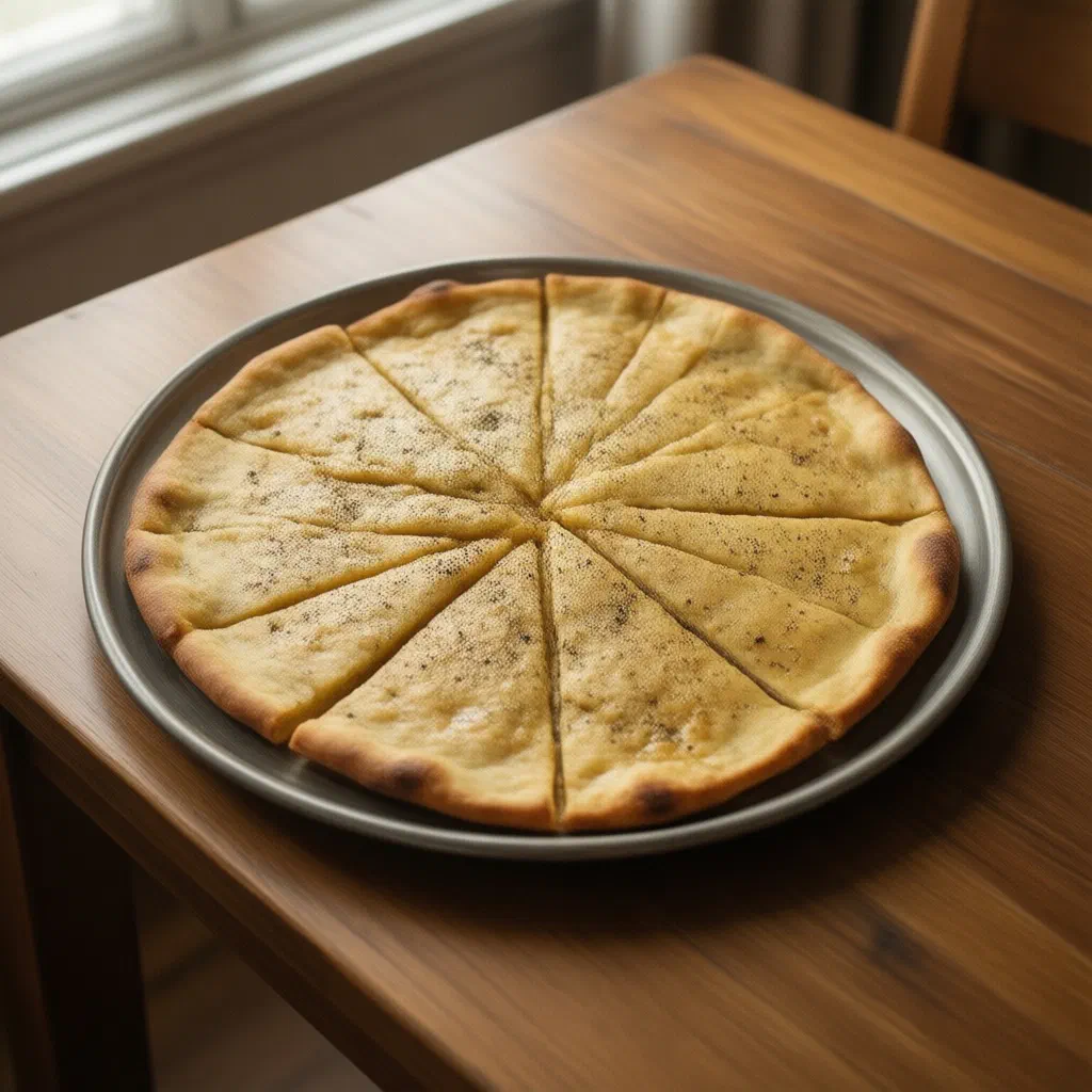 Golden baked fainá chickpea flatbread cut into wedges