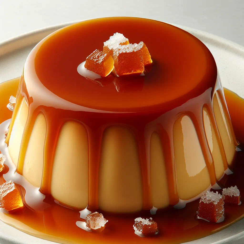 Turned-out caramel flan topped with a generous spoonful of dulce de leche