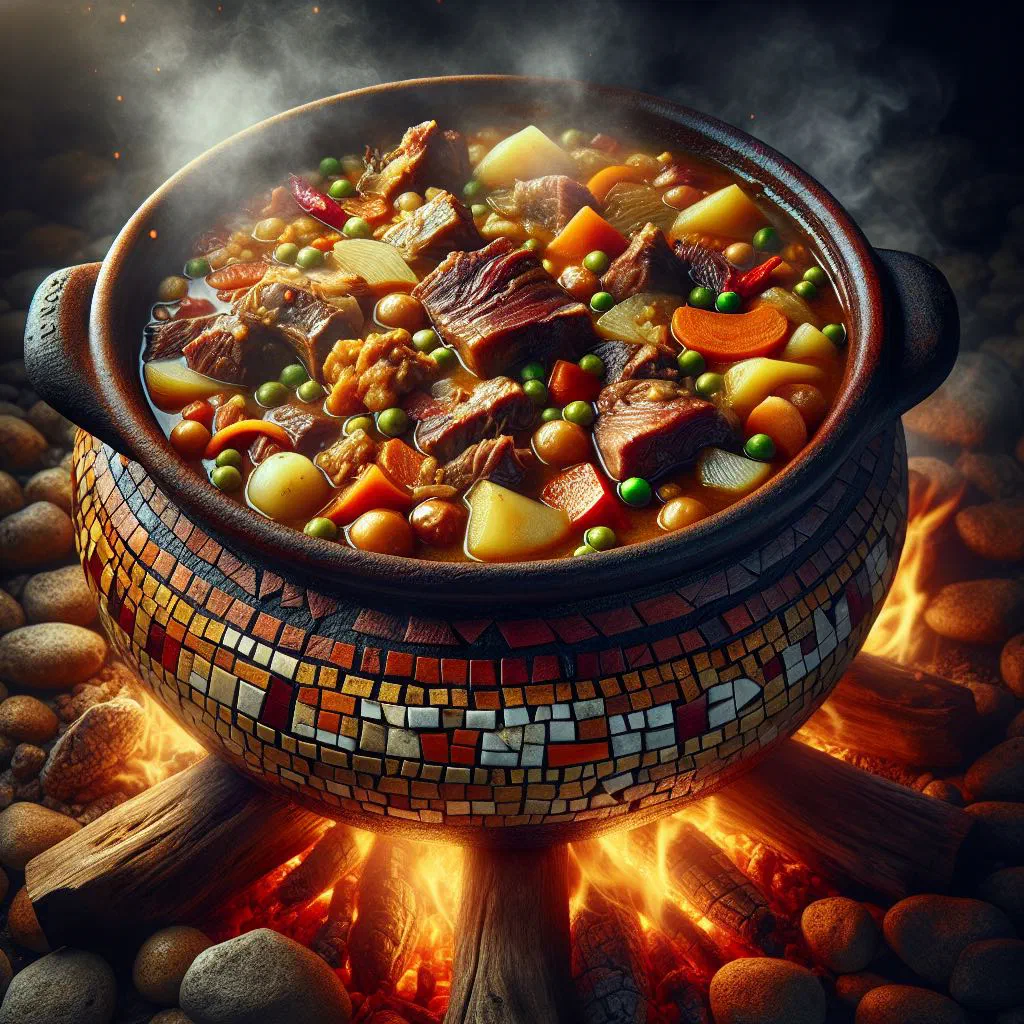 Argentine guiso carrero stew with beef, potatoes and peppers in a rustic pot
