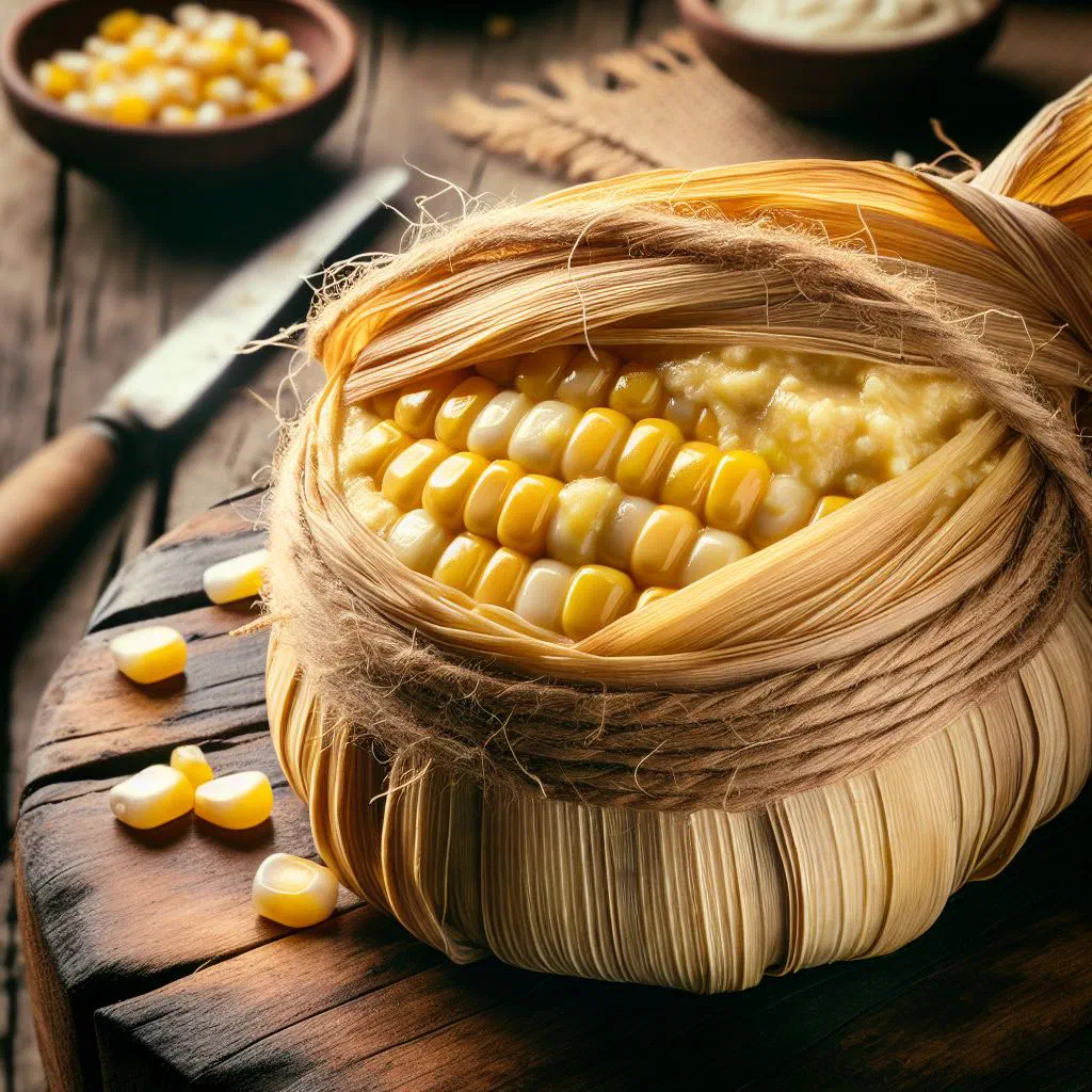 Steamed humita parcels wrapped in corn husks on a wooden board