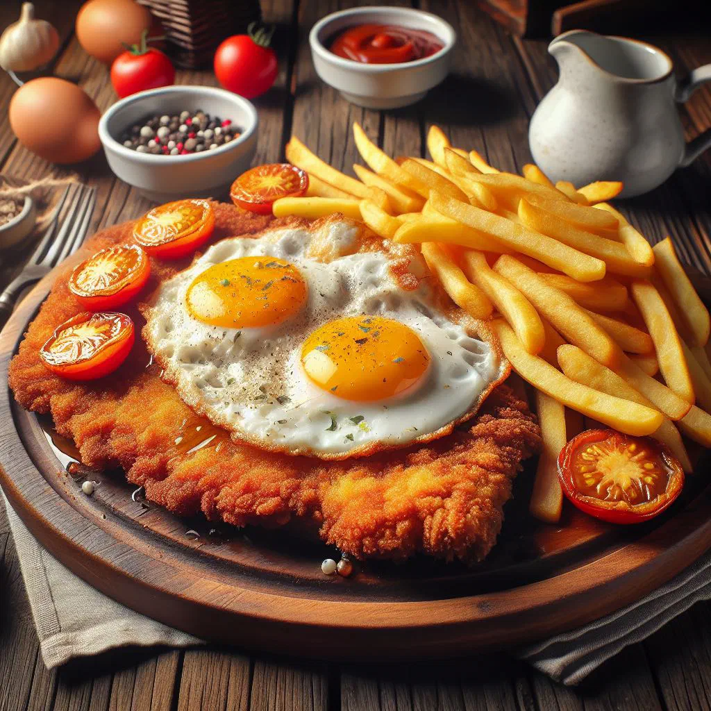 Breaded milanesa topped with two fried eggs, served with chips