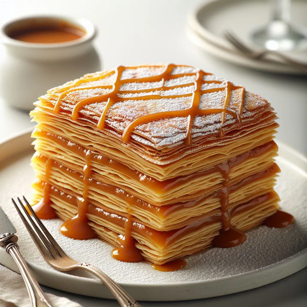 Layered milhojas with dulce de leche filling dusted with icing sugar