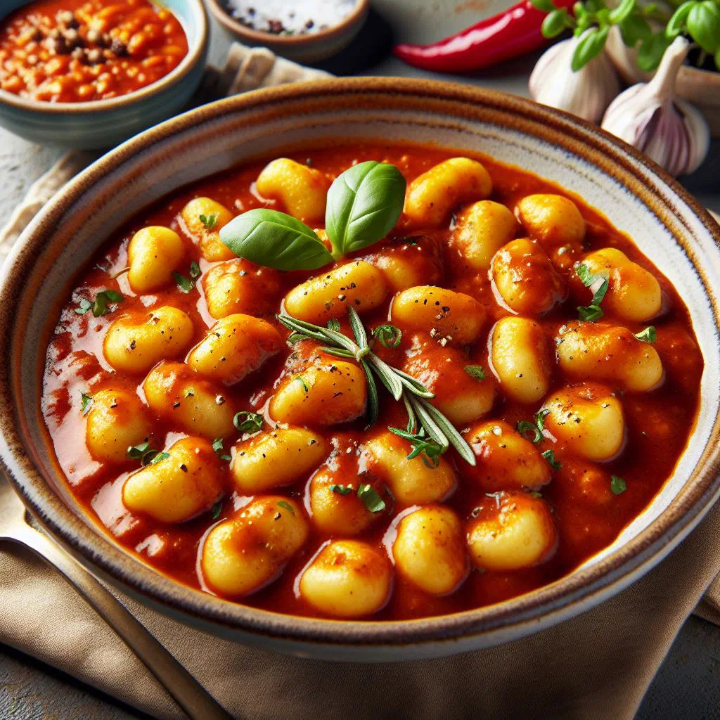 Potato gnocchi in a rich beef stew, garnished with fresh herbs