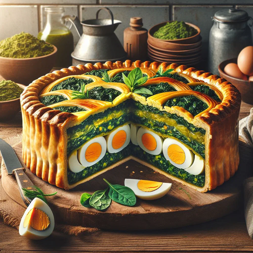 Argentinian pascualina de espinaca spinach tart cut into slices