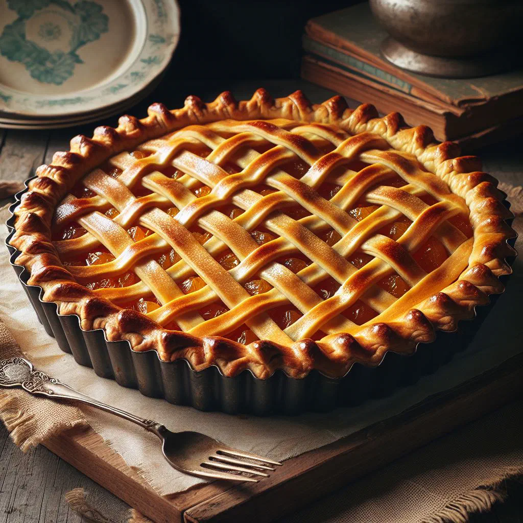 Pastafrola tart with a lattice pastry top over quince jam filling