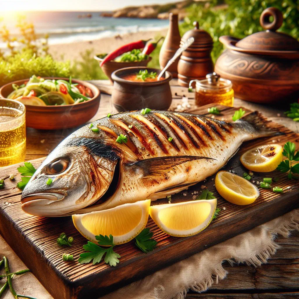 Grilled fish fillets on a barbecue with lemon wedges and fresh herbs