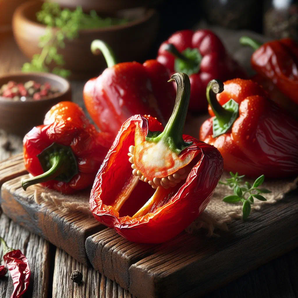 Roasted red and green peppers glistening with olive oil and chopped garlic