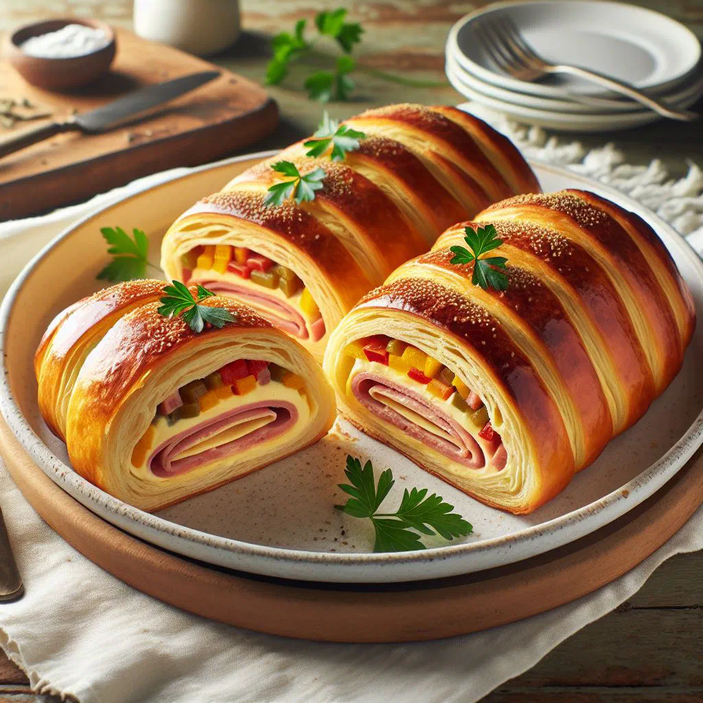 Sliced pionono salado roll filled with ham, cheese and cream cheese on a platter