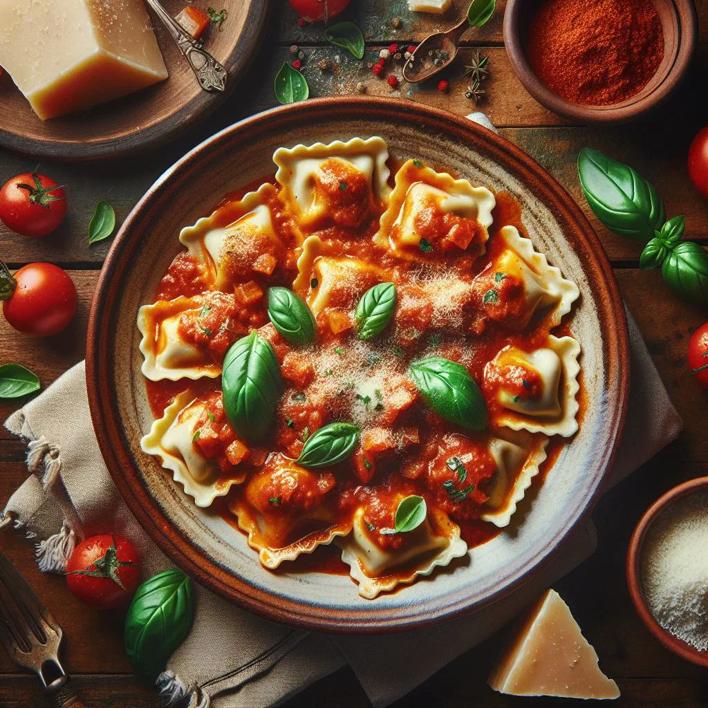 Ravioles con tuco in a rich tomato sauce topped with grated parmesan and basil