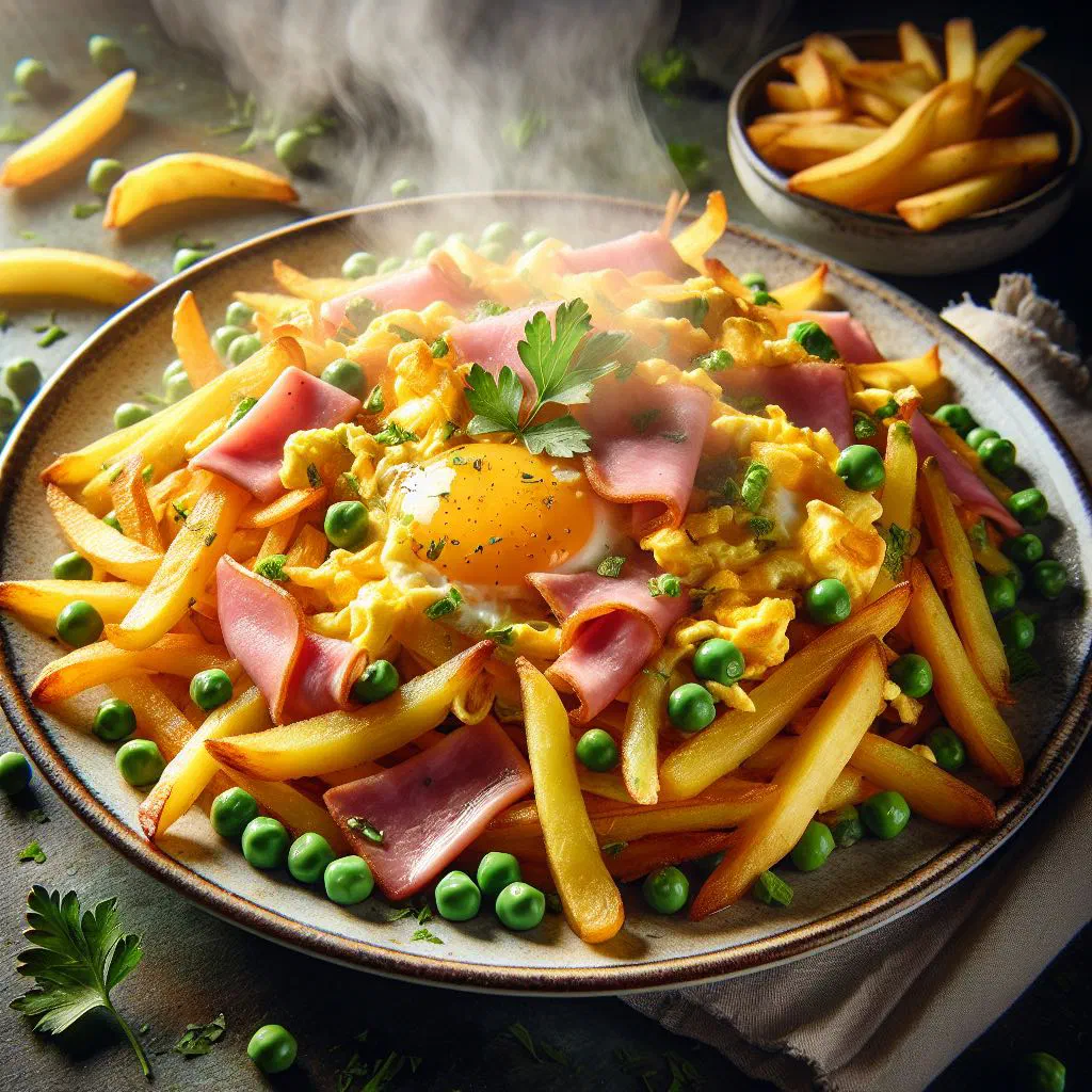 Revuelto Gramajo with scrambled eggs, diced ham and crisp chips in a pan