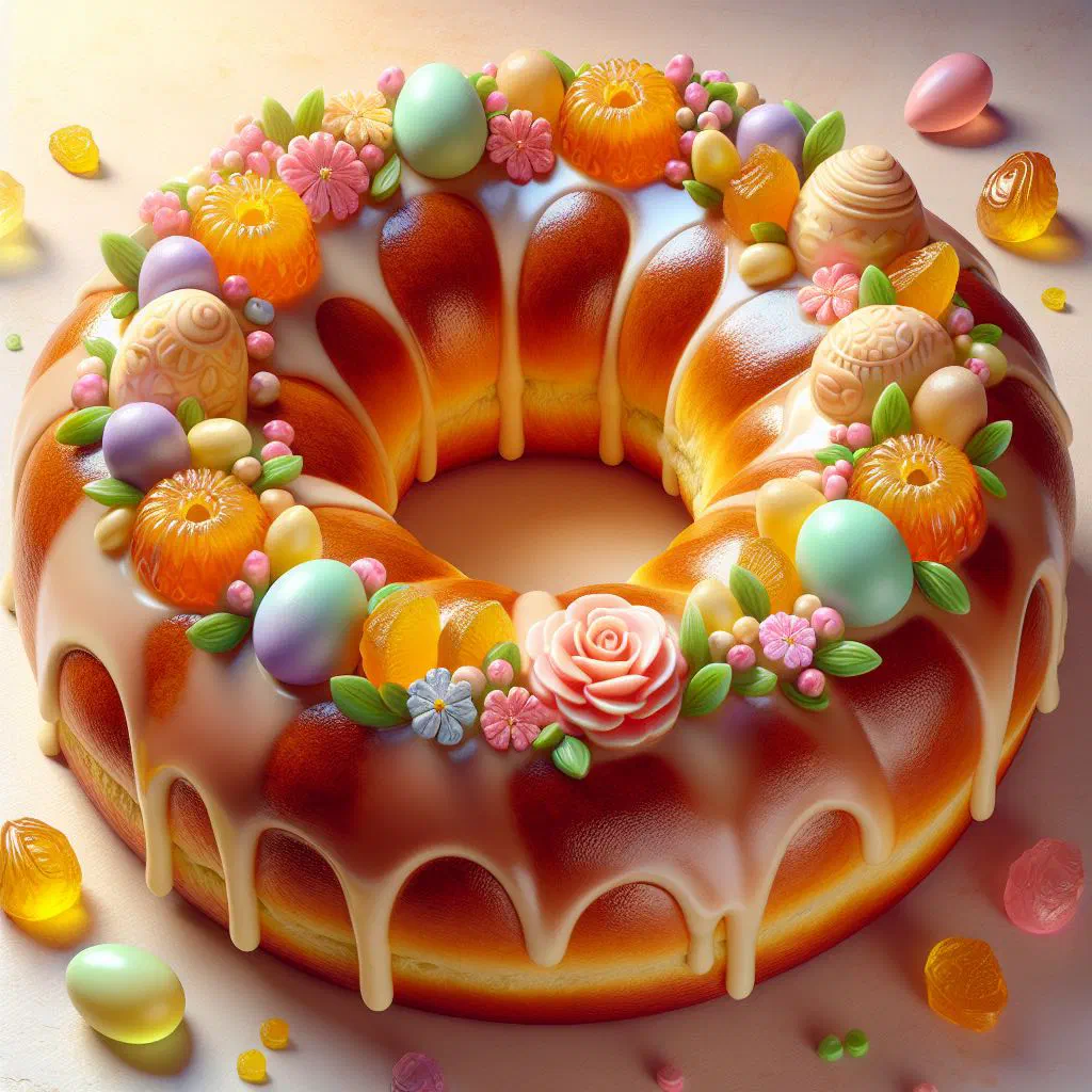 Ring-shaped Argentinian Easter bread topped with sugar glaze and colourful eggs