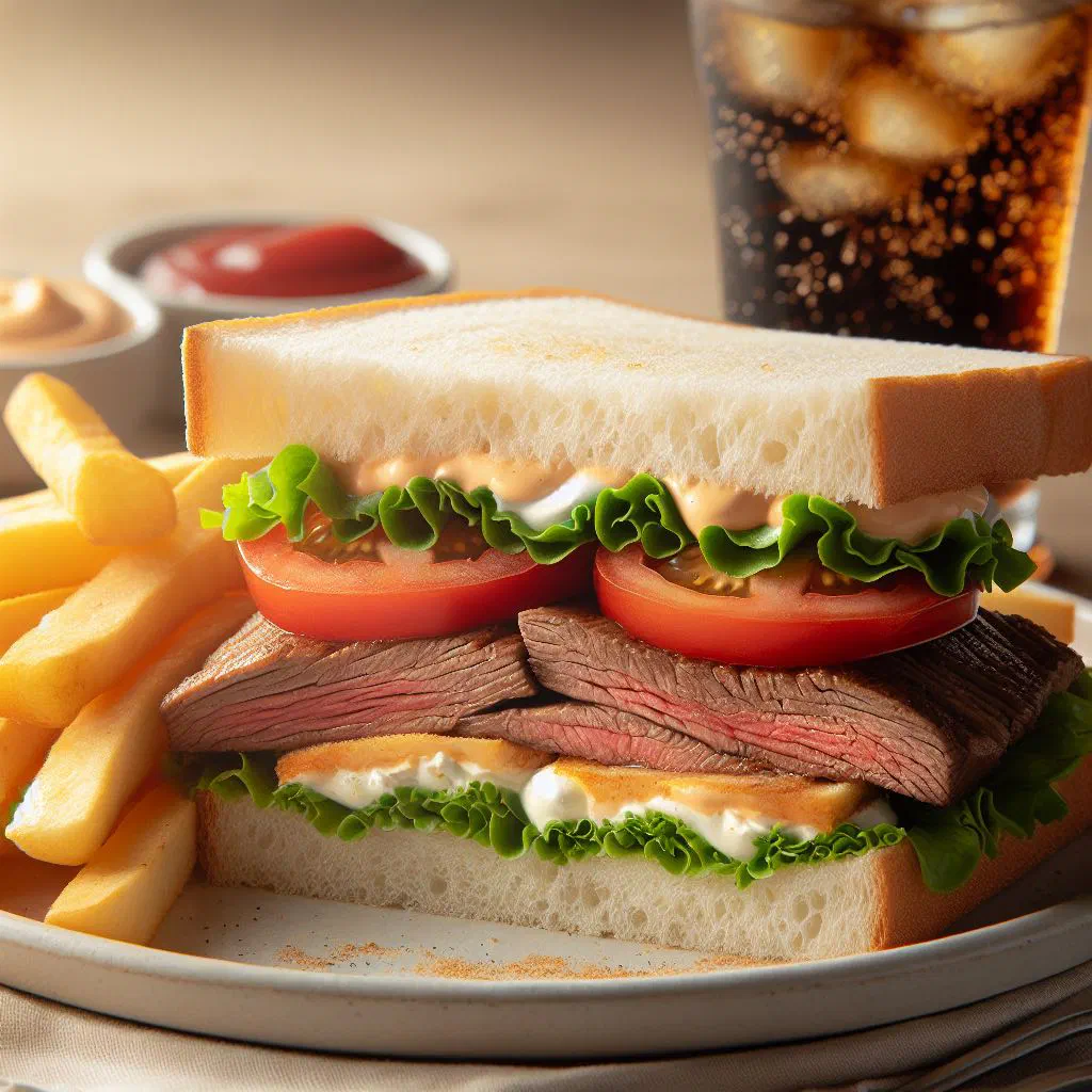 Argentinian sánguche de lomito with sliced steak, avocado and tomato in a crusty roll