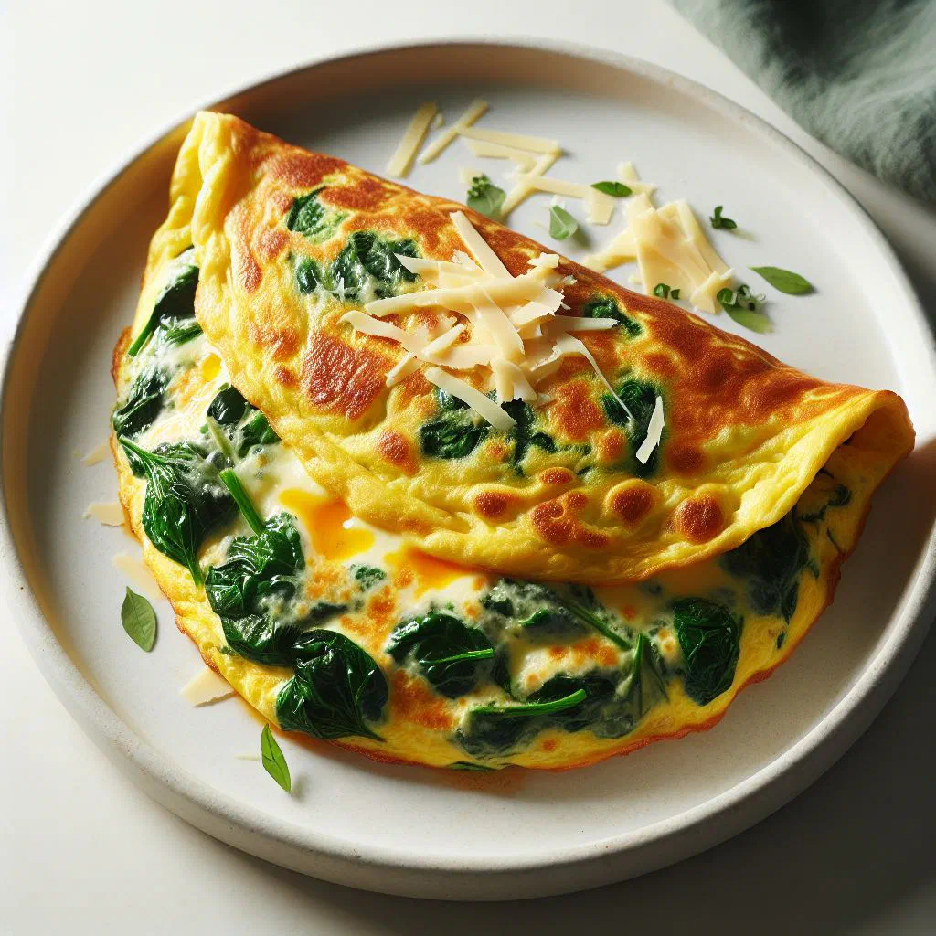 Folded spinach and cheese omelette on a plate with fresh herbs