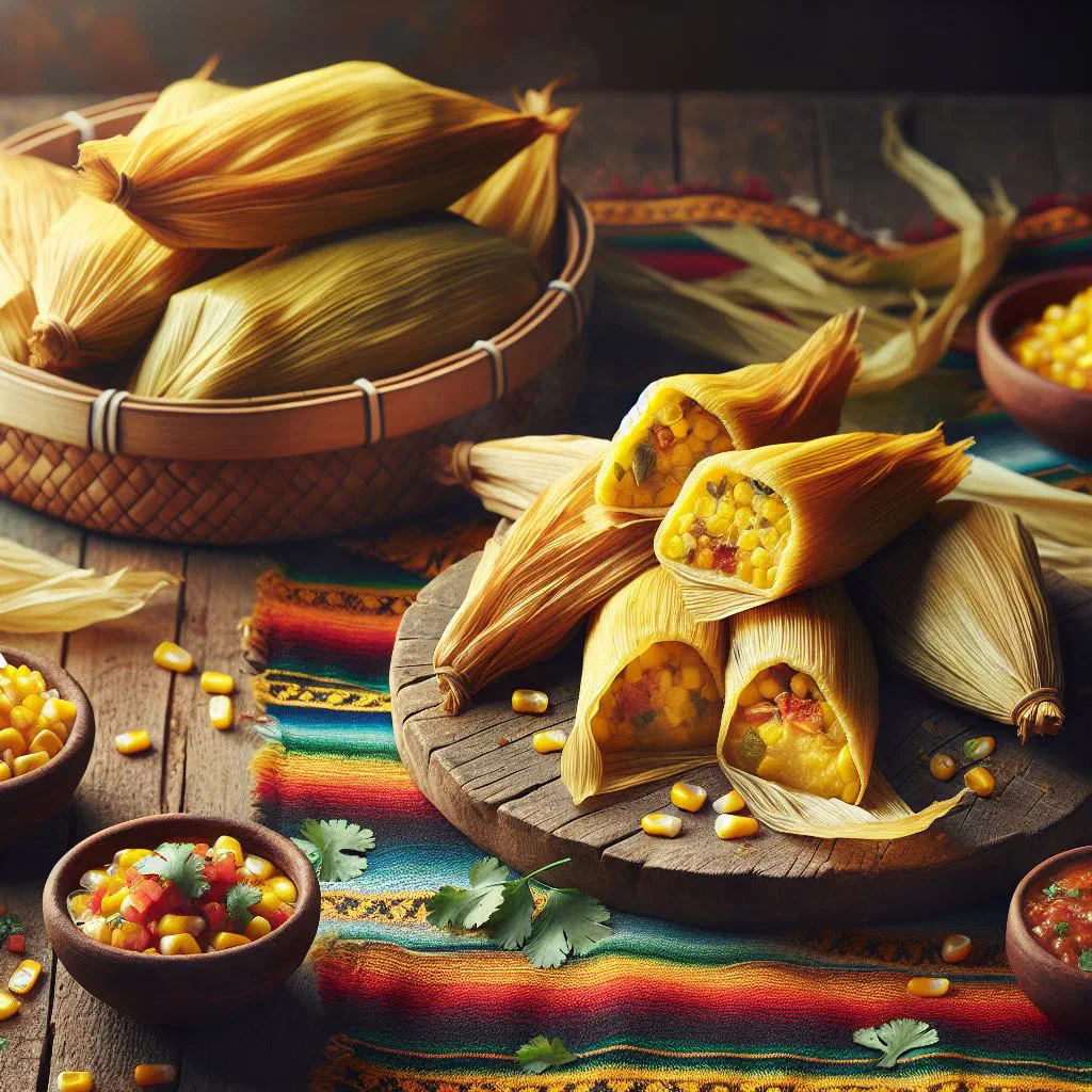 Tamales salteños wrapped in corn husks, one opened to show the meat filling