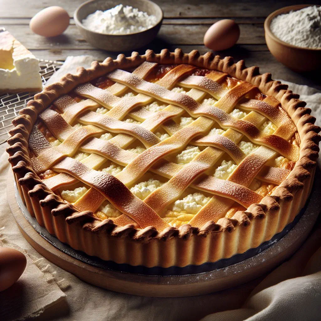 Golden baked ricotta tart with a crimped crust, sliced open on a wooden board