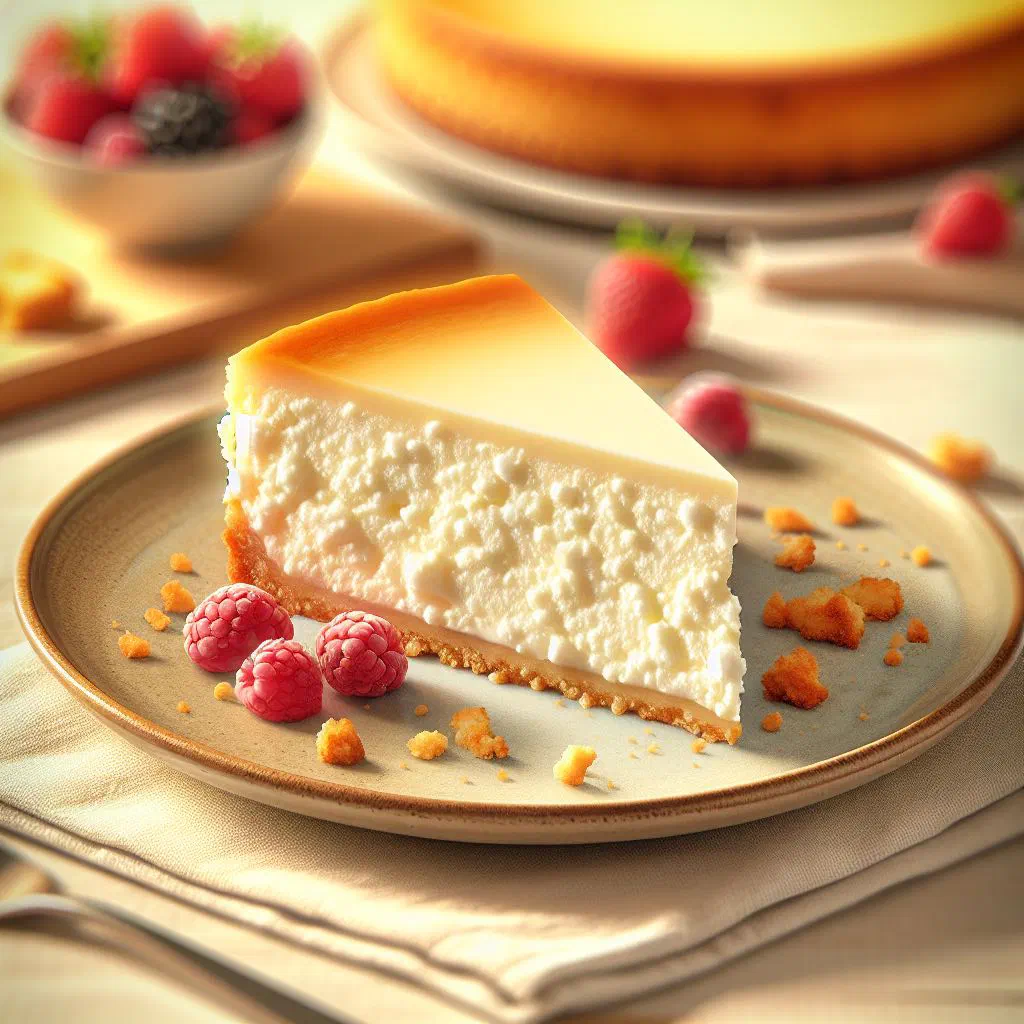 Golden Argentine ricotta cake dusted with icing sugar on a serving plate